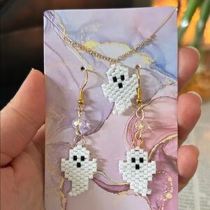 White Ghost Beaded Earrings and Necklace Set